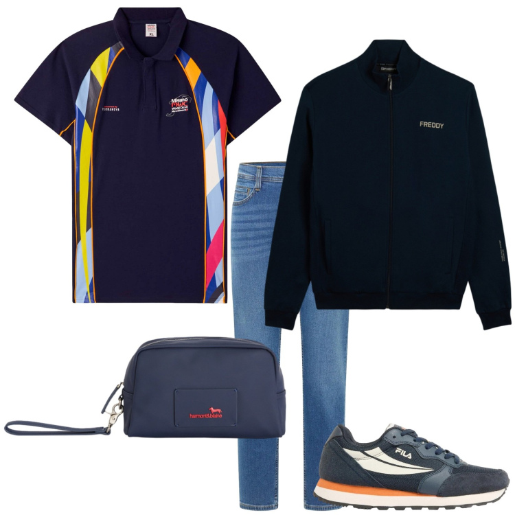 Outfit uomo - Weekend. Stile Casual per Tutti i giorni. Abbinamento con jeans bootcut, sneakers, polo, borse sportive, felpe.