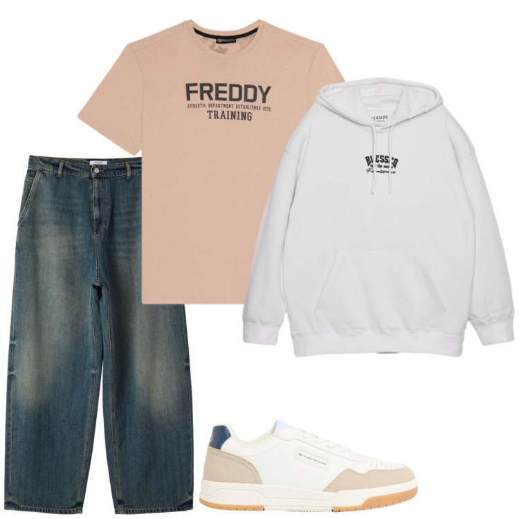 Outfit uomo - Gabriele. Stile Urban per Tutti i giorni. Abbinamento con sneakers, felpe con cappuccio, jeans, t-shirt.
