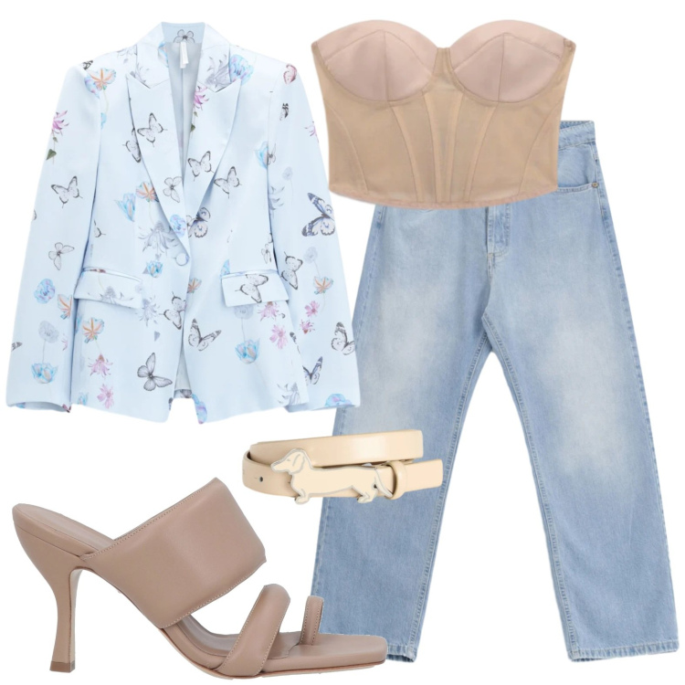 Outfit donna - A cena da amici. Stile Glamour per Serata fuori. Abbinamento con ciabatte, blazer, top, jeans, cinture.