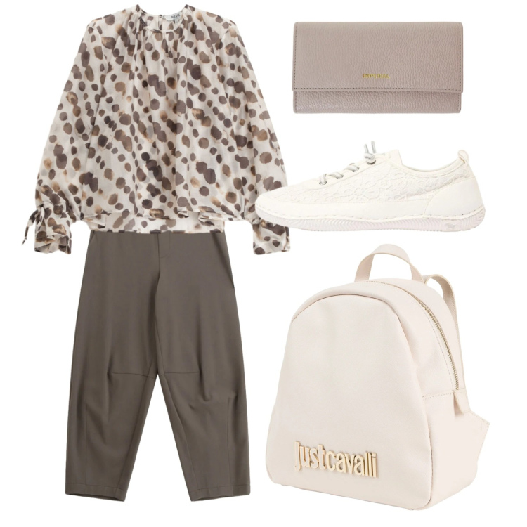 Outfit donna - Just today. Stile Trendy per Tutti i giorni. Abbinamento con zaini, sneakers, bluse, pantaloni a palazzo, portafogli.