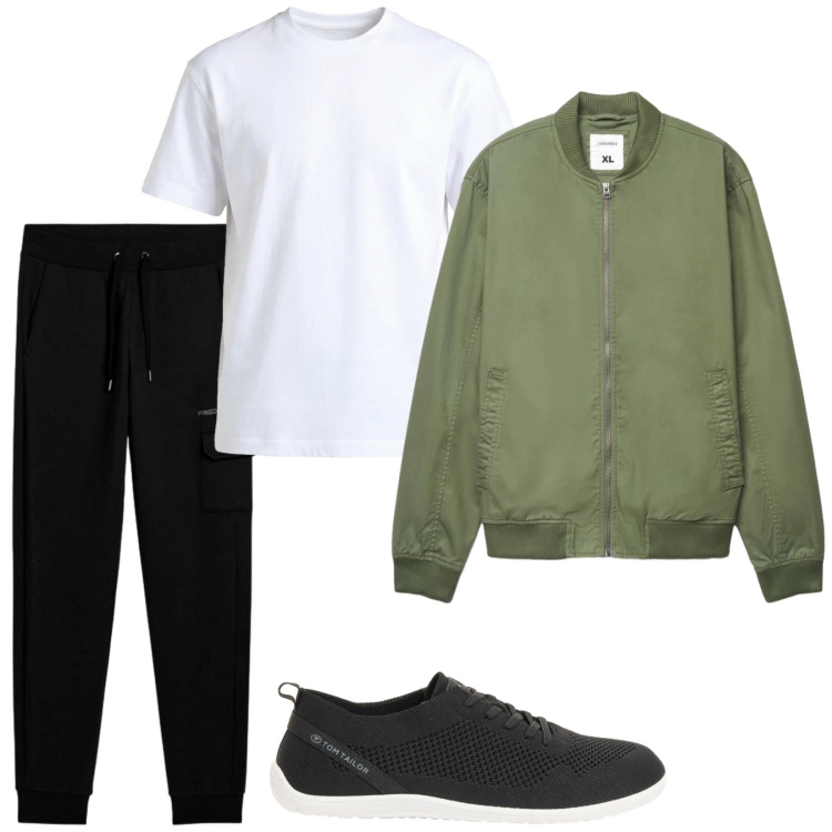 Outfit uomo - Easy. Stile Casual per Tutti i giorni. Abbinamento con sneakers, bomber, t-shirt, pantaloni cargo.