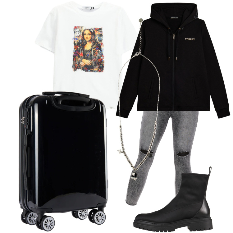 Outfit donna - Voglio andar via. Stile Casual per Tutti i giorni. Abbinamento con stivaletti, t-shirt, jeans skinny, ciondoli, valigie, felpe con cappuccio.