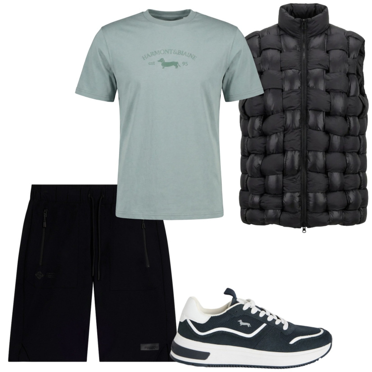 Outfit uomo - Con lo smanicato. Stile Casual per Sport. Abbinamento con t-shirt, sneakers, bermuda, gilet.