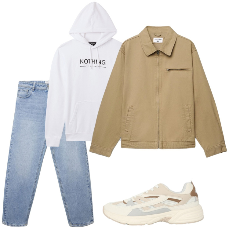 Outfit uomo - Total terranova. Stile Casual per Tutti i giorni. Abbinamento con felpe con cappuccio, sneakers, jeans, cappotti.