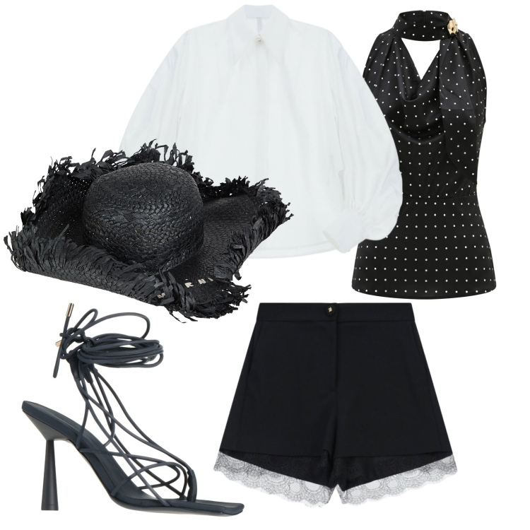 Outfit donna - Pranzo stile Montecarlo. Stile Glamour per Serata fuori. Abbinamento con cappelli, ciabatte, shorts, camicie, canottiere.