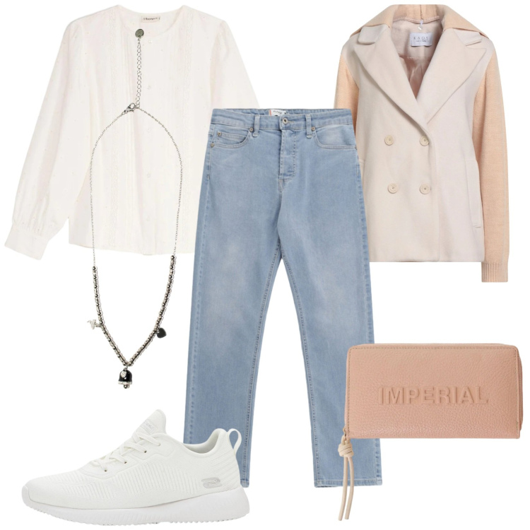 Outfit donna - Total look #2385421. Stile Trendy per Tutti i giorni. Abbinamento con caban, camicie, sneakers, jeans, portafogli, ciondoli.