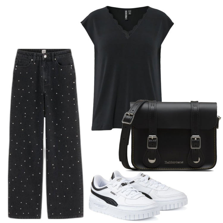 Outfit mujer - Casual. Estilo Casual para Todos los días. Combinación con bandoleras, camiseta, sneakers, vaqueros pata de elefante.
