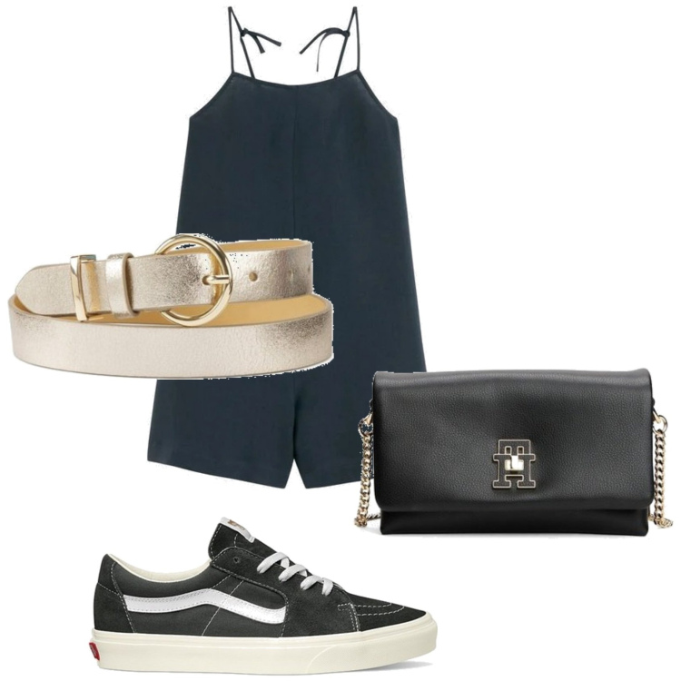Outfit mujer - Casual look. Estilo Casual para Todos los días. Combinación con bandoleras, chándal corto, sneakers, cinturones.