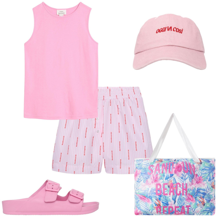 Outfit donna - Vado al mare. Stile Casual per Mare. Abbinamento con top, shorts, cappelli con visiera, ciabatte, borse tote.