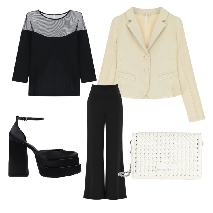 Outfit donna - Stasera Ape. Stile Casual chic per Serata fuori. Abbinamento con décolleté, blazer, top, pantaloni a palazzo, borse a tracolla.