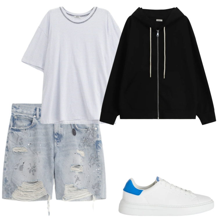 Outfit uomo - Trendy per le Prime giornate calde. Stile Trendy per Tutti i giorni. Abbinamento con t-shirt, felpe con cappuccio, bermuda, sneakers.
