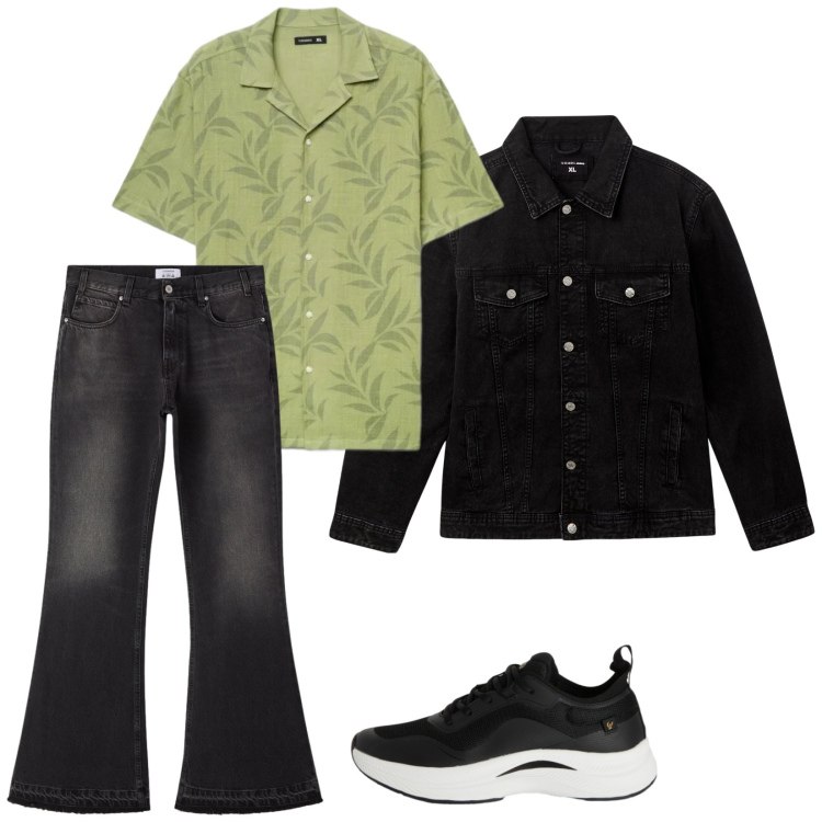 Outfit uomo - Un po\' \'70. Stile Casual per Tutti i giorni. Abbinamento con cappotti, jeans, camicie a manica corta, sneakers.