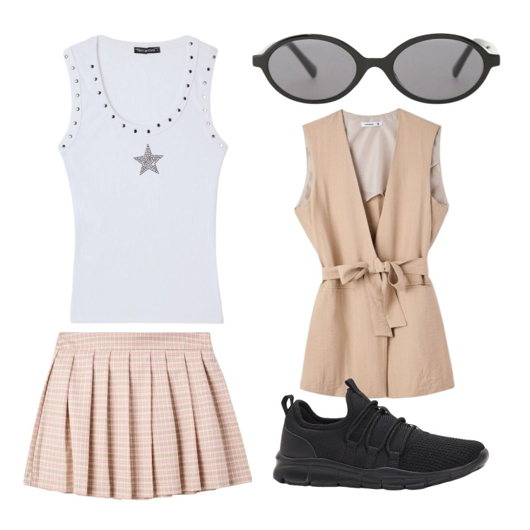 Outfit donna - A lezione. Stile Preppy per Scuola/Università. Abbinamento con sneakers, minigonne, top, gilet, occhiali da sole.
