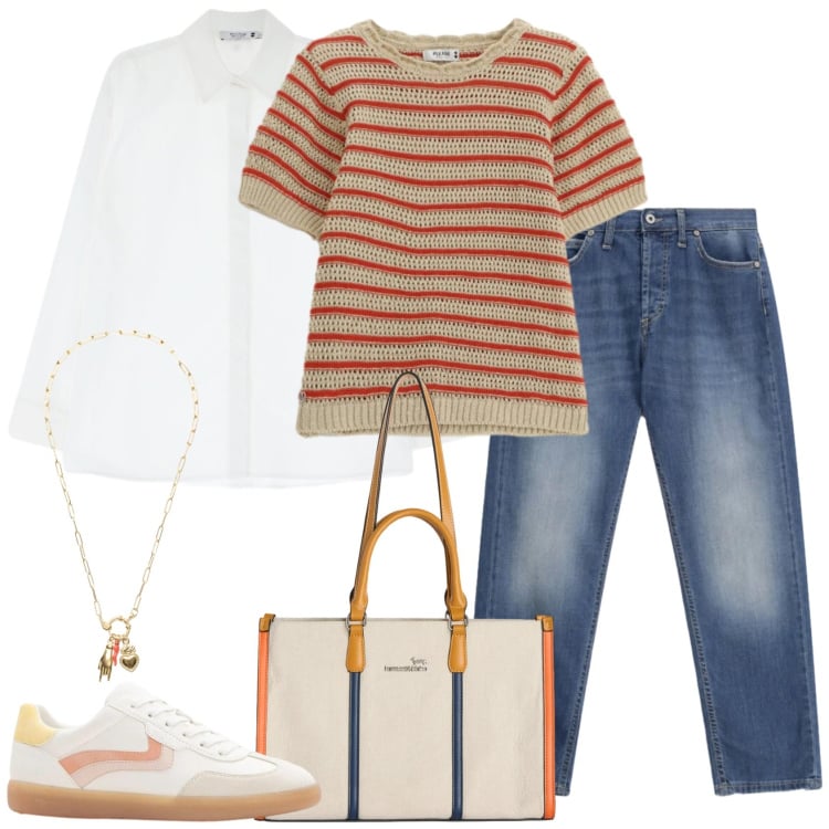 Outfit donna - La maglia a uncinetto. Stile Casual per Tutti i giorni. Abbinamento con sneakers, borse tote, jeans dritti, camicie, t-shirt, ciondoli.