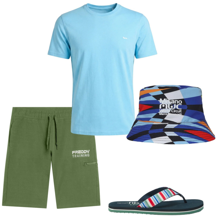 Outfit uomo - Colore @home. Stile Casual per Tutti i giorni. Abbinamento con cappelli, t-shirt, sandali, bermuda.