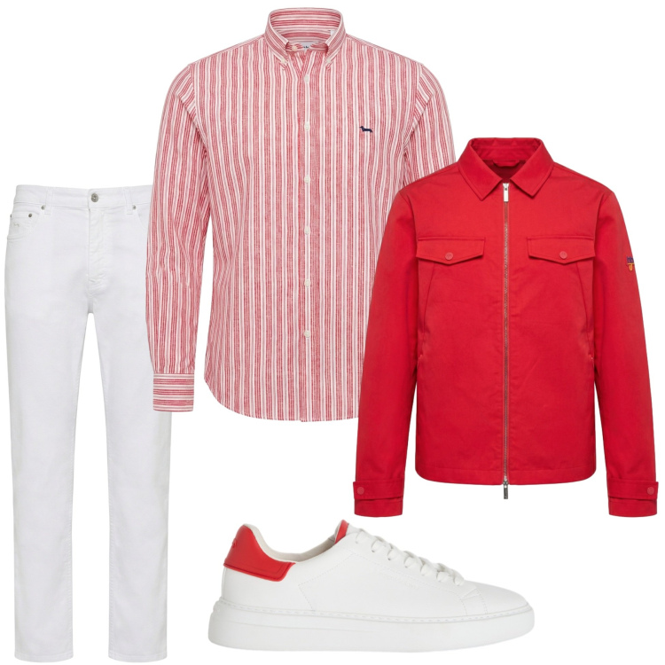 Outfit uomo - Red & white. Stile Urban per Tutti i giorni. Abbinamento con camicie, pantaloni, sneakers, cappotti.
