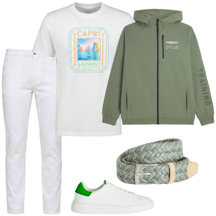 Outfit uomo - One day in Capri. Stile Casual per Tutti i giorni. Abbinamento con cinture, t-shirt, sneakers, jeans, felpe con cappuccio.