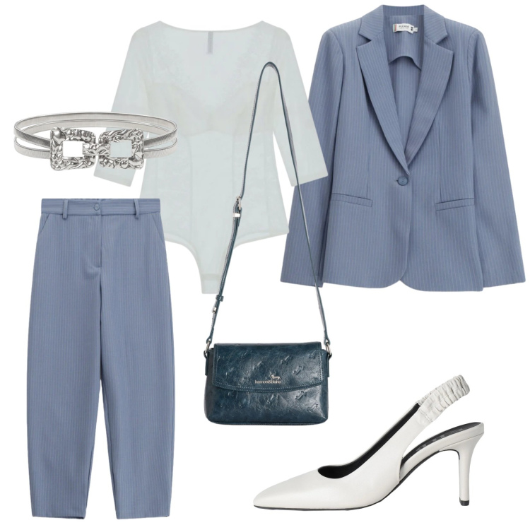 Outfit donna - Cerimonia battesimo. Stile Chic per Cerimonia. Abbinamento con décolleté, blazer, pantaloni, borse a tracolla, bluse, cinture.
