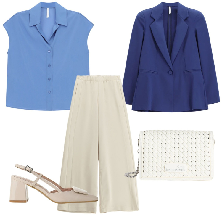 Outfit donna - Total look #2385452. Stile Chic per Ufficio. Abbinamento con camicie a manica corta, pantaloni a palazzo, blazer, décolleté, borse a tracolla.