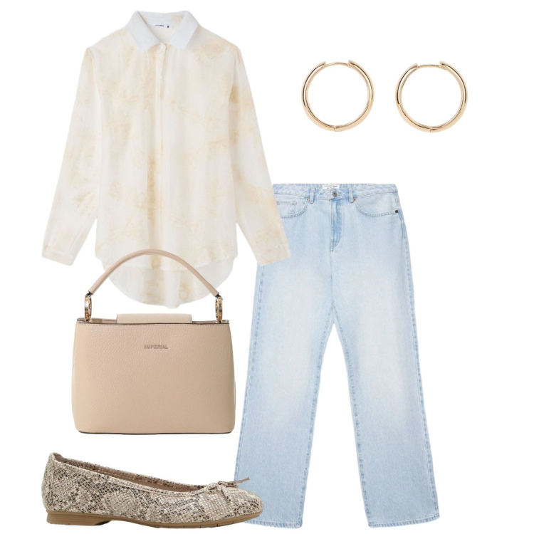 Outfit donna - Eleganza leggera - Focus Donna Curvy Ita. Stile Bon Ton per Tutti i giorni. Abbinamento con ballerine, orecchini, jeans dritti, camicie, borse a secchiello.