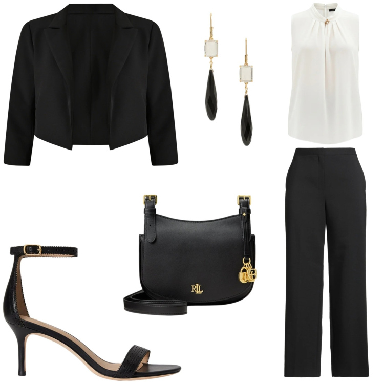 Outfit donna - Laurea di mia sorella. Stile Bon Ton per Serata fuori. Abbinamento con pantaloni, bolero, top, orecchini, borse a tracolla, sandali in pelle.