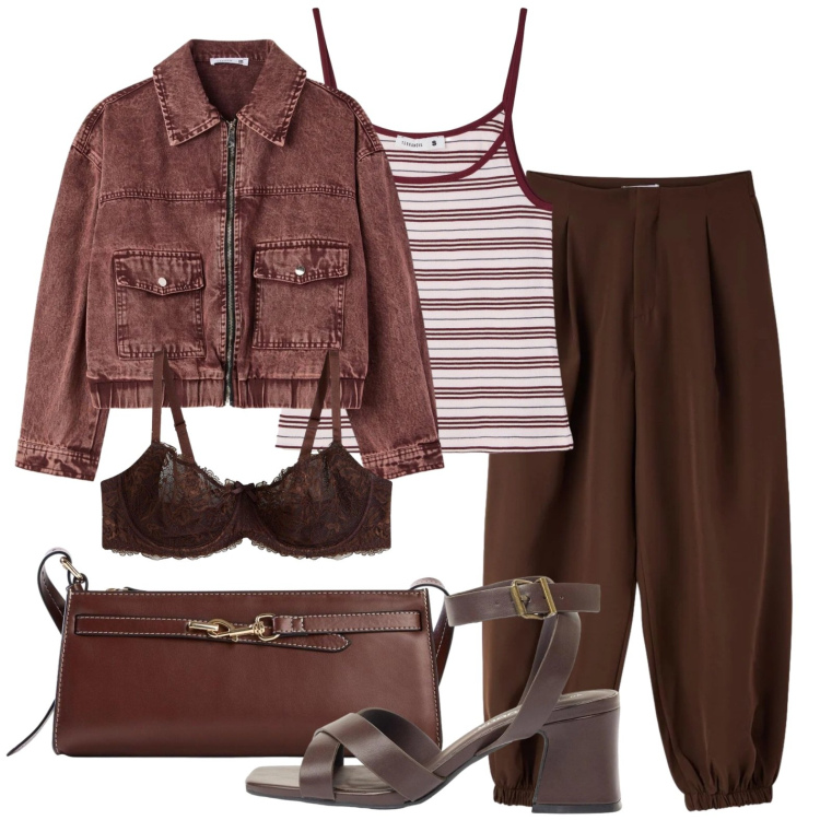 Outfit donna - Sandali con fasce incrociate. Stile Casual chic per Ufficio. Abbinamento con sandali col tacco, borse a tracolla, reggiseni, canottiere, pantaloni, bomber.