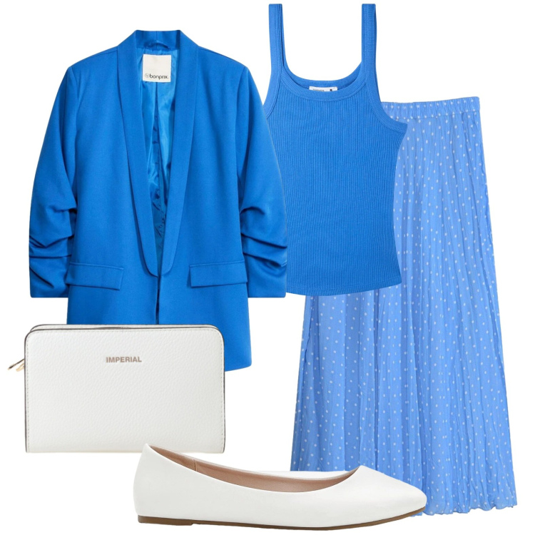 Outfit donna - Azzurro in pomeriggio è troppo azzurro. Stile Casual chic per Ufficio. Abbinamento con gonne, ballerine, blazer, canottiere, borse a tracolla.