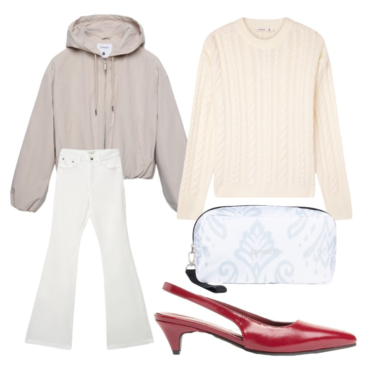 Outfit donna - Stile da urlo. Stile Minimal per Tutti i giorni. Abbinamento con décolleté, maglieria, jeans a zampa, bomber, valigie.