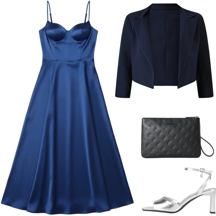 Outfit donna - L\'eleganza del Blu. Stile Chic per Cerimonia. Abbinamento con sandali col tacco, vestiti lunghi, bolero, anelli.