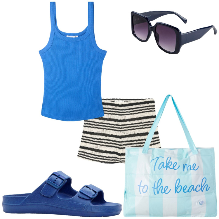 Outfit donna - Mare in azzurro. Stile Casual per Mare. Abbinamento con ciabatte, occhiali da sole, canottiere, borse tote, shorts.