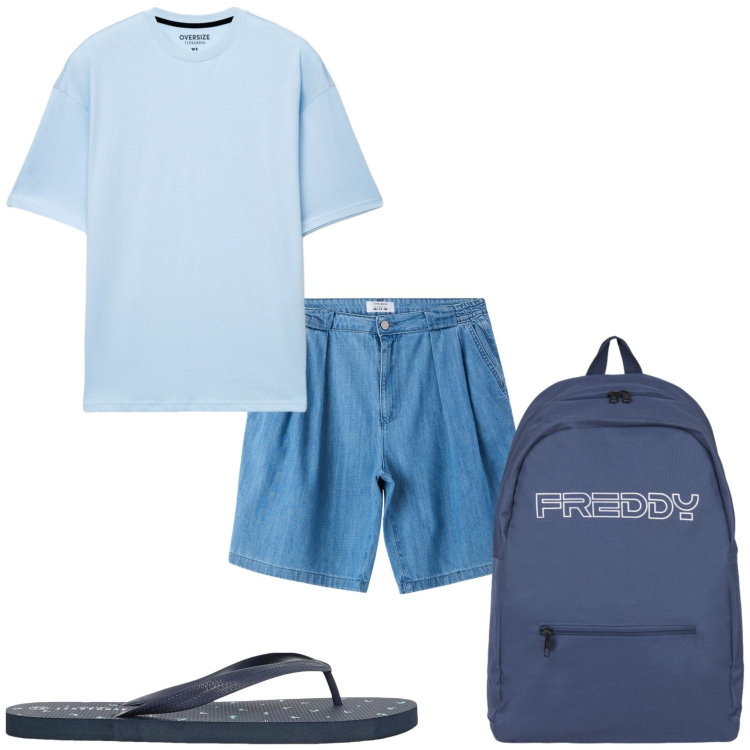Outfit uomo - Blue mare. Stile Casual per Mare. Abbinamento con shorts, sandali, t-shirt, borse sportive.