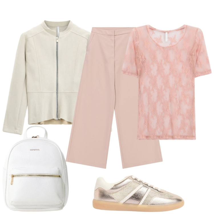 Outfit donna - Primavera IMPERIAL. Stile Casual chic per Tutti i giorni. Abbinamento con sneakers, t-shirt, pantaloni a palazzo, blazer, zaini.