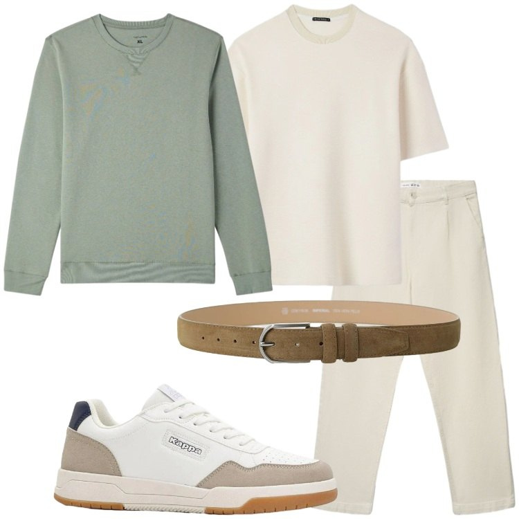 Outfit uomo - Weekend di primavera. Stile Casual per Tutti i giorni. Abbinamento con sneakers, pantaloni chino, t-shirt, felpe, cinture.