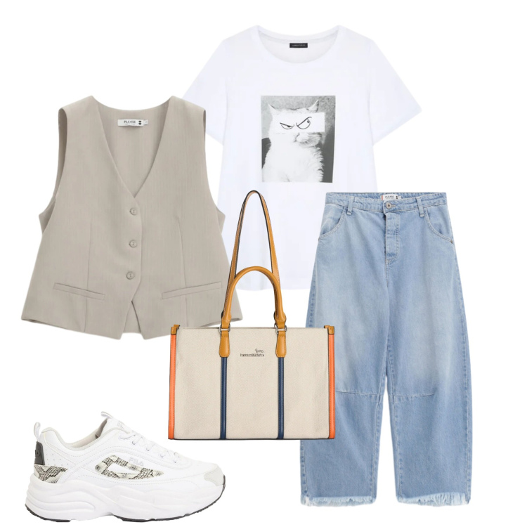 Outfit donna - Total look #2385488. Stile Casual per Scuola/Università. Abbinamento con sneakers, t-shirt, jeans, gilet, borse tote.