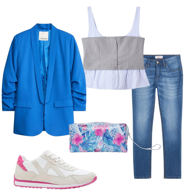 Outfit donna - Total look #2385492. Stile Casual chic per Serata fuori. Abbinamento con jeans skinny, blazer, sneakers, top, valigie.