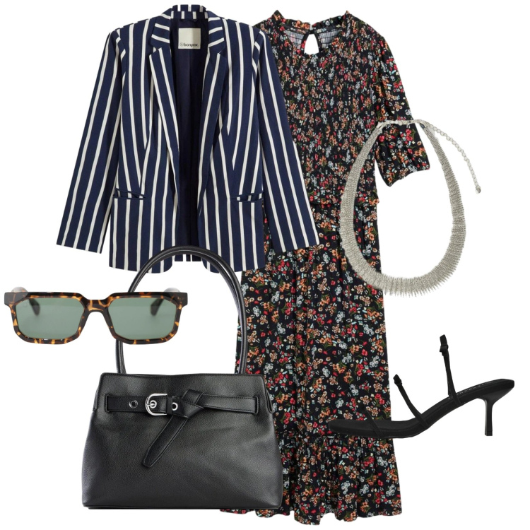 Outfit donna - Righe in Fiore. Stile Casual per Serata fuori. Abbinamento con vestiti midi/longuette, blazer, borse a mano, sandali col tacco, collane, occhiali da sole.