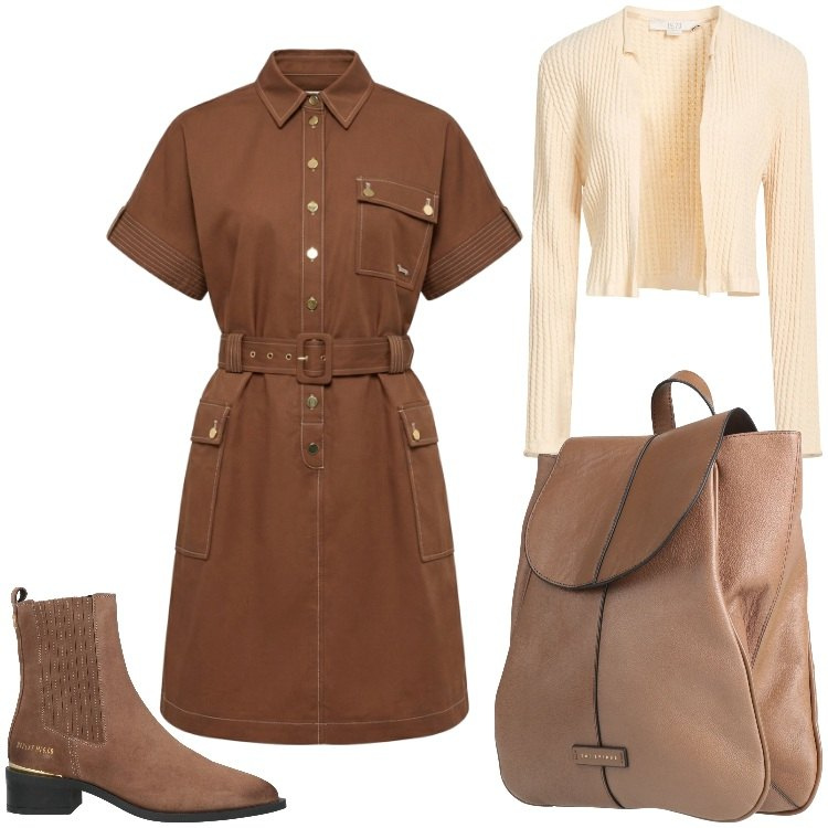 Outfit donna - Mrs. Brown. Stile Casual chic per Tutti i giorni. Abbinamento con cardigans, stivaletti chelsea, zaini, vestiti chemisier.