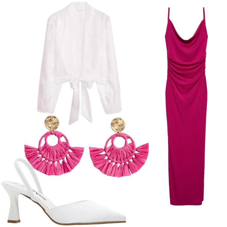 Outfit donna - Serata chic. Stile Chic per Serata fuori. Abbinamento con décolleté, orecchini, bolero, vestiti lunghi.