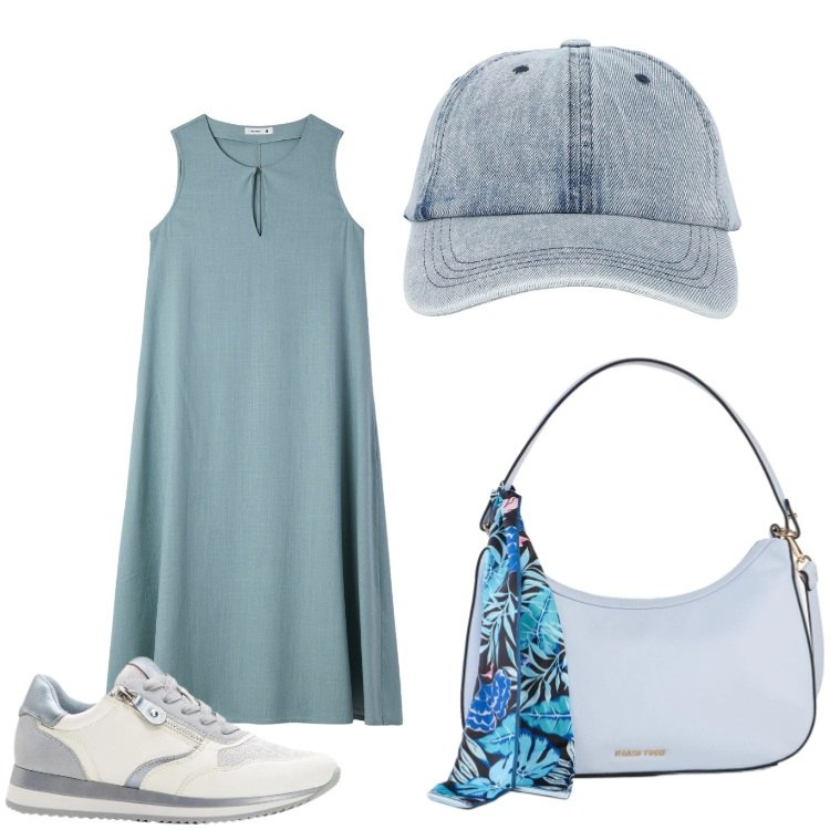 Outfit donna - Sporty me. Stile Sporty chic per Tutti i giorni. Abbinamento con sneakers, borse a mano, vestiti lunghi, cappelli con visiera.