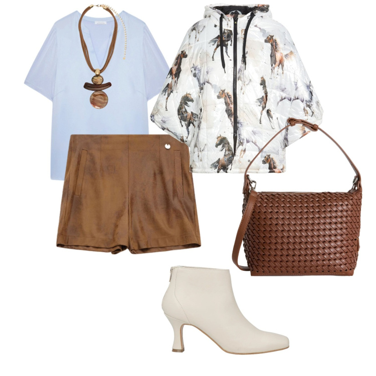 Outfit donna - Weekend. per Tutti i giorni. Abbinamento con stivaletti, cappe, shorts, t-shirt, ciondoli, borse a spalla.