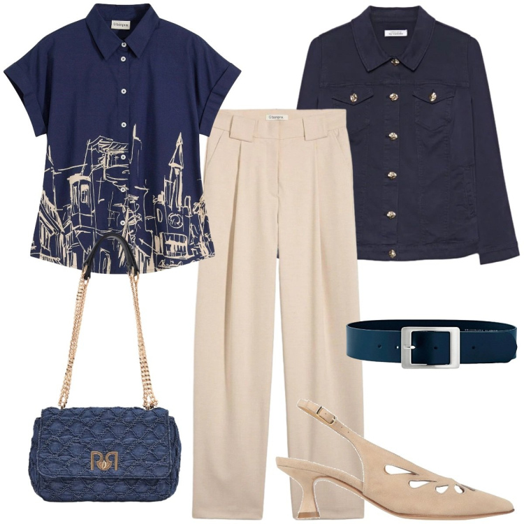 Outfit donna - Blu notte e sabbia - curvy style. Stile Casual chic per Ufficio. Abbinamento con décolleté, camicie a manica corta, cinture, pantaloni, borse a spalla, blazer.