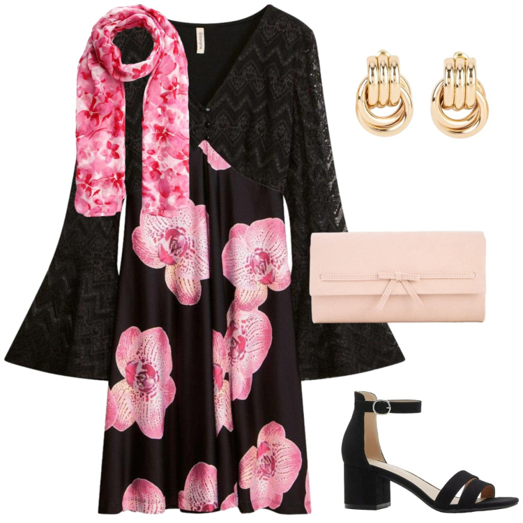 Outfit donna - Cerimonia semplice. per Cerimonia. Abbinamento con vestiti midi/longuette, orecchini, sandali col tacco, pochette, foulard.