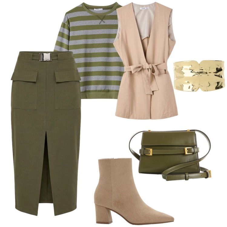 Outfit donna - Sabato. per Tutti i giorni. Abbinamento con stivaletti, borse a tracolla, t-shirt, gilet, gonne longuette, braccialetti.