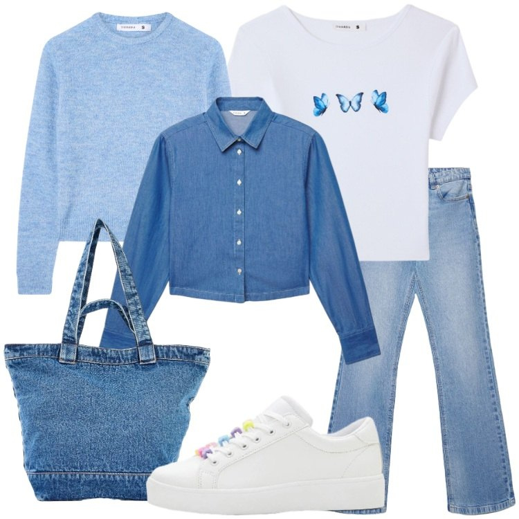 Outfit donna - Layering casual ad aprile. Stile Casual per Scuola/Università. Abbinamento con sneakers, shopping bag, maglieria, camicie, jeans bootcut, t-shirt.
