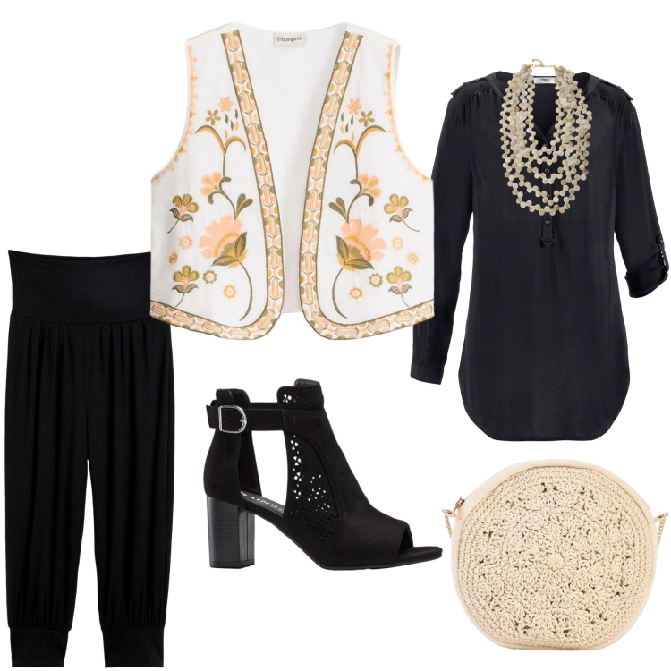 Outfit donna - Il gilet al centro. Stile Casual per Tutti i giorni. Abbinamento con sandali col tacco, borse a tracolla, gilet, tuniche, pantaloni, collane.