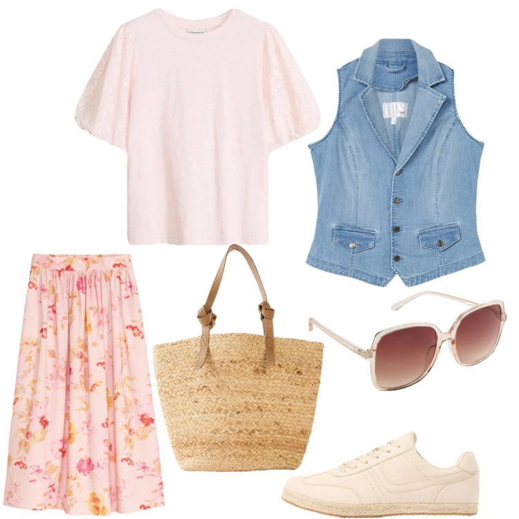 Outfit donna - Total look #2385517. Stile Romantica per Tutti i giorni. Abbinamento con t-shirt, occhiali da sole, gilet, shopping bag, gonne lunghe, sneakers.