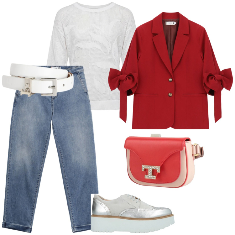 Outfit donna - Giacca rossa. per Tutti i giorni. Abbinamento con scarpe stringate, marsupi, jeans, blazer, maglieria, cinture.