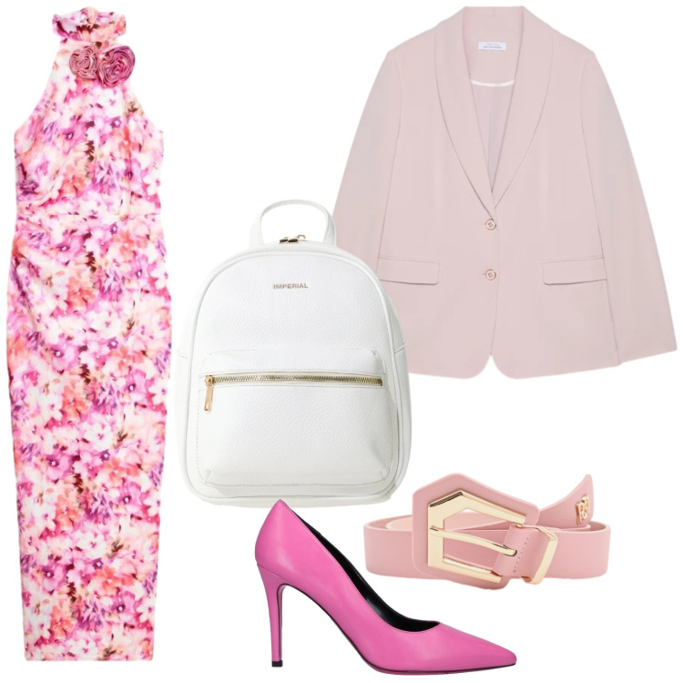 Outfit donna - Vestito floreale. Stile Minimal per Tutti i giorni. Abbinamento con décolleté, vestiti lunghi, zaini, cinture, blazer.