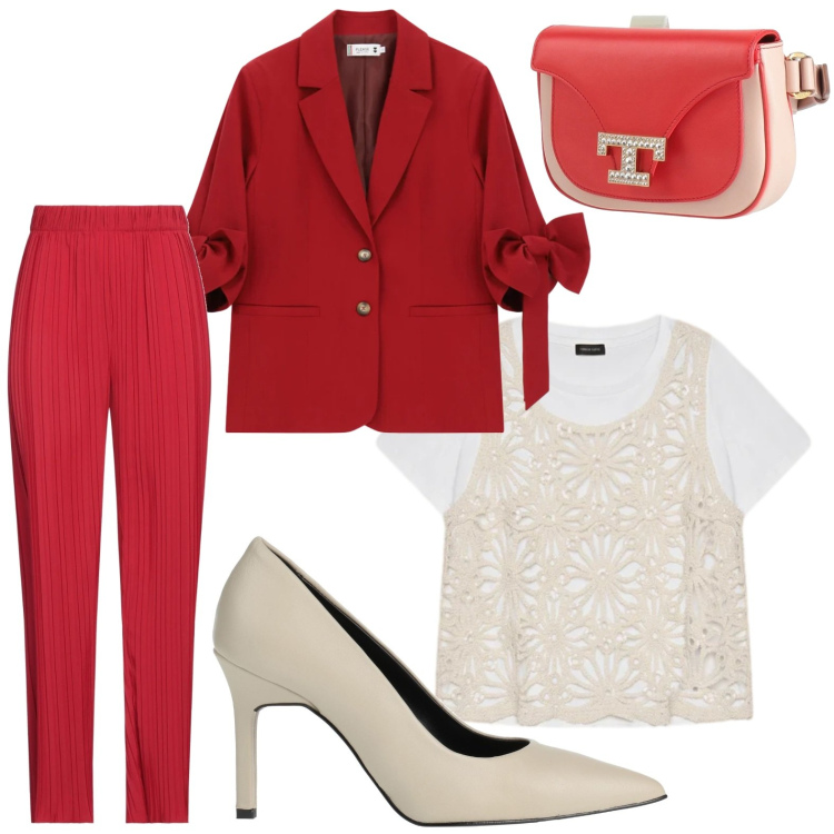 Outfit donna - Il completo elegante. Stile Bon Ton per Ufficio. Abbinamento con décolleté, marsupi, pantaloni, t-shirt, blazer.