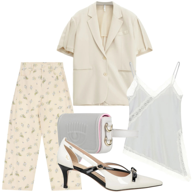 Outfit donna - Colori soft. Stile Trendy per Tutti i giorni. Abbinamento con marsupi, décolleté, canottiere, blazer, pantaloni a palazzo.